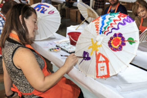 Parasol painting class at Workmanship Demonstration Pavilion in Hangzhou, China.